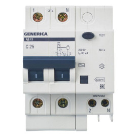 Выключатель автоматический дифференциального тока 2п 25А 30мА АД12 GENERICA MAD15-2-025-C-030