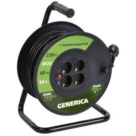 Удлинитель на катушке 4х40м 10А IP20 УК40 2P+PE 3х1 термозащита GENERICA WKP10-10-04-40-G